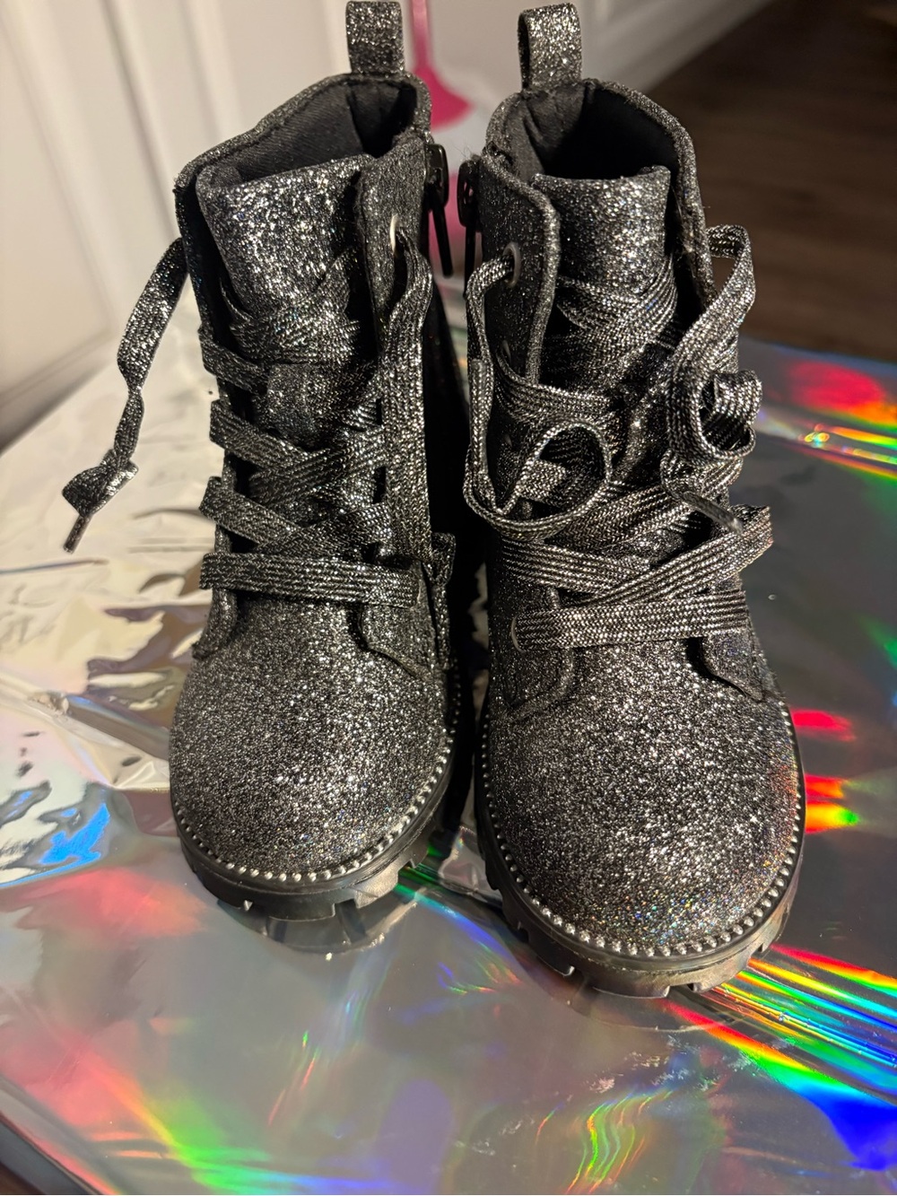 Cynthia Rowley Girls' Black Glitter Lace-Up Combat Boots